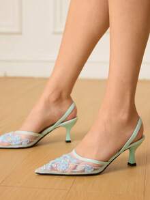 CUCCOO HITCHD Giày cao gót dự tiệc họa tiết hoa đen thời trang dành cho nữ - Màu xanh nhạt - Xem 5
