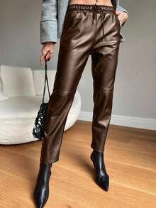 SHEIN Women's Solid Color Drawstring Waist Casual Pants - Chocolate Brown - View 5