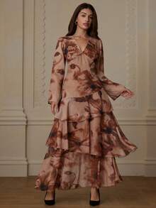 GENKIRA New Arrival Spring/Summer Floral Chiffon Print Multi-Layer Sexy Flared Dress - Orange - View 3