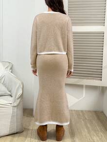 SHEIN Maternity Contrast Trim Drawstring Knit Cardigan & Skirt Set