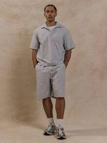 Musero Men Elasticated Pinstripe Longline Shorts Summer Street Style Holiday Vacation Casual Smart - Khaki - View 1