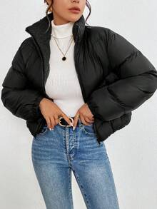 SHEIN Frenchy 女士纯色高领落肩长袖拉链保暖羽绒服，冬季 - 黑色 - 查看 1