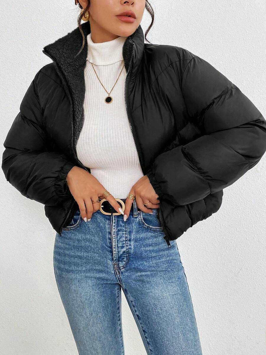 SHEIN Frenchy 女士纯色高领落肩长袖拉链保暖羽绒服，冬季 - 黑色 - 查看 1