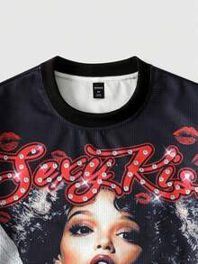 ROMWE MEN Street Life 男士印花宽松圆领长袖T恤 - 黑色 - 查看 3