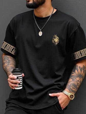 Manfinity LEGND Camiseta de manga corta con estampado de león feroz para hombres de talla grande, camiseta casual, minimalista y versátil, gran regalo para novio o familia