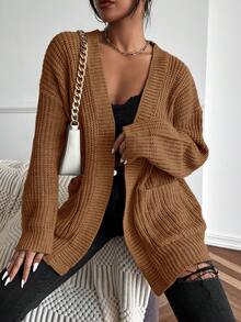 EMERY ROSE Casual Solid Color Front Cardigan With Pockets, Autumn/Winter - Mocha Brown - View 4