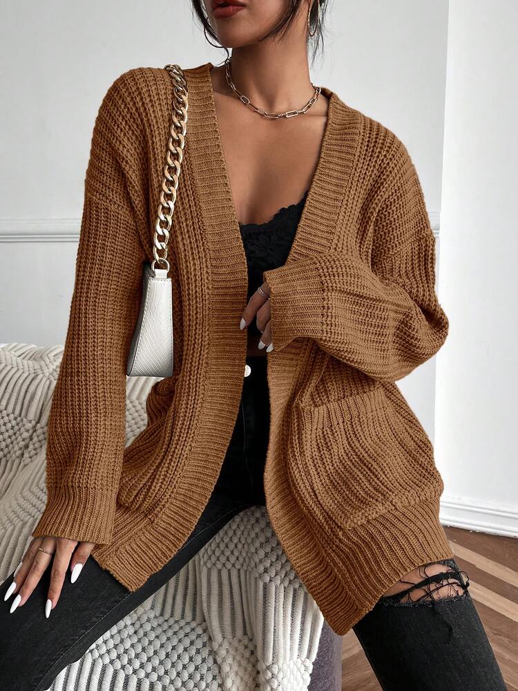 EMERY ROSE Áo khoác cardigan màu trơn đơn giản có túi phía trước, Thu/Đông - Màu nâu  Mocha - Xem 4