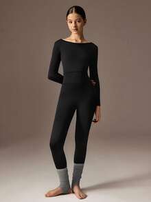 SHEIN Schlanksitz Ballettanzug für Teenager Mädchen, langärmlig, geeignet für Sport, Laufen, Radfahren, Fitness, modischer goldener Dekor schwarzer Jumpsuit mit hoher Dehnbarkeit und Komfort - Schwarz - Übersicht 3