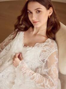 MOTF PREMIUM ELEGANT CONTRAST LACE CAMI DRESS & ROBE PAJAMA SET - White - View 2