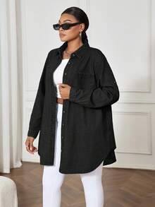 SHEIN Lady 蓝色大码牛仔连衣裙，休闲宽松长袖衬衫裙，舒适休闲 - 黑色 - 查看 4