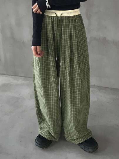 FRIFUL 女士撞色弹力腰抽绳格子直筒裤带口袋休闲裤，秋季款