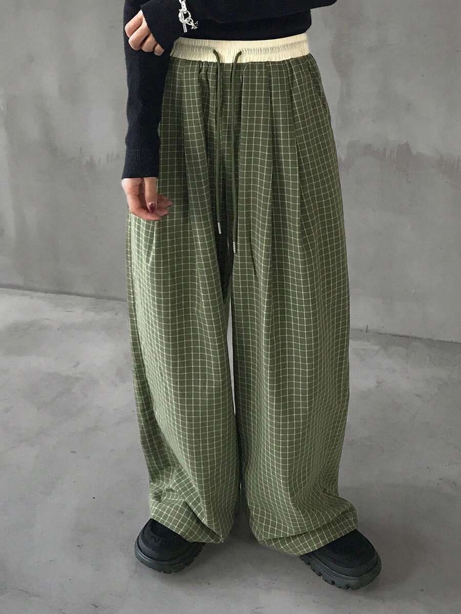 FRIFUL 女士撞色弹力腰抽绳格子直筒裤带口袋休闲裤,秋季款 - 綠色 - 查看 1