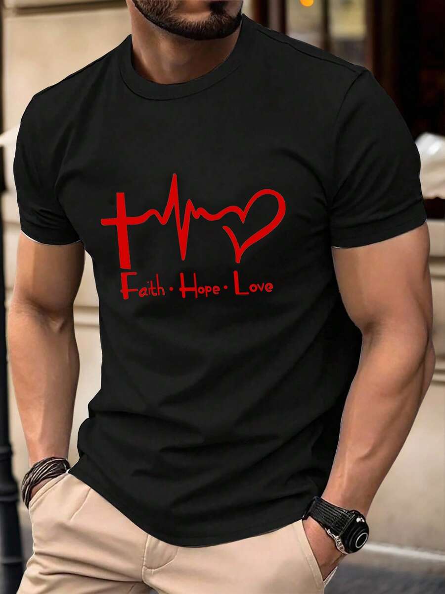 Manfinity Homme 男士字母与心形印花圆领短袖休闲T恤 - 黑色 - 查看 1