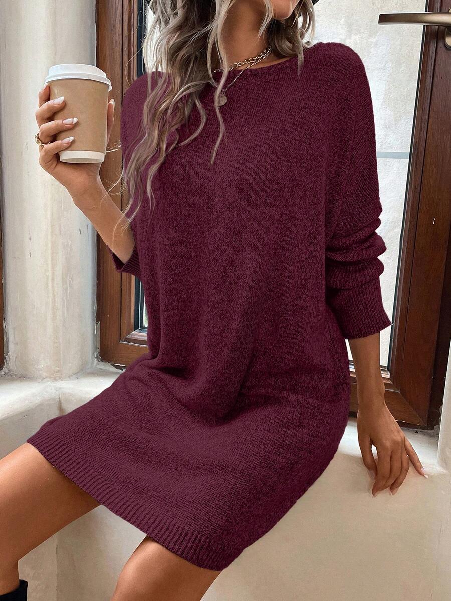 EMERY ROSE Váy len cổ thuyền màu trơn thoải mái cho kỳ nghỉ - Đỏ - Xem 1