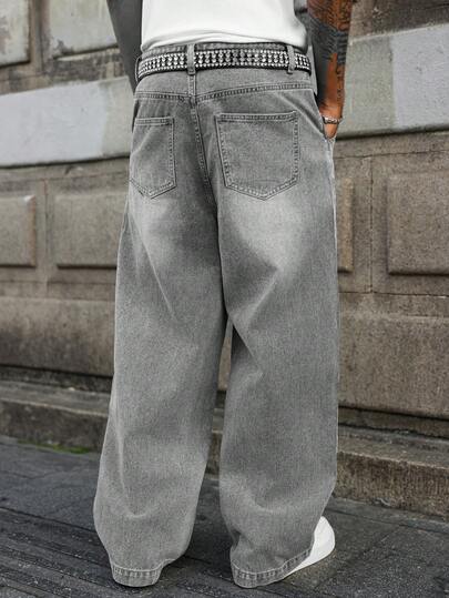 GALLERY FADE Men's Light Grey Casual Wide Leg Loose Fit Denim Jeans Going Out Urban Hang Out Vacation Work
