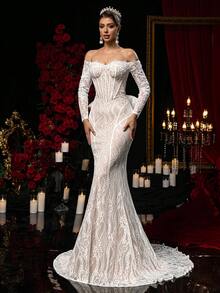 Glamrae Off-Shoulder Long Sleeve Backless Exaggerated Bow Decor Fitted Sexy Dress, Wedding Gown - White - View 2