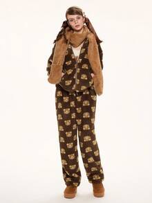 ROMWE Kawaii Cute Bear Double-Sided Fleece Print Hooded Jacket With Bear Ears Zipper Front For Women, Long Sleeve