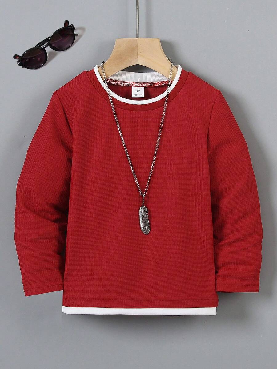 SHEIN 男童撞色T恤，舒适休闲时尚，百搭街头风、运动风、户外风、返校季皆宜 - 酒紅色 - 查看 1