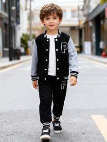 SHEIN Genkimix Kids 4-7 Years Old Young Boys' Collegiate Baseball Jacket 2-Piece Set - Black Knit Cardigan Baseball Jacket With White Sleeves, Letter "P" Print, Matching Printed Sweatpants With Ribbed Collar, Cuffs And Hem, Comfortable And Casual, Suitable For Spring/Autumn, Daily Wear, Sports, School, Travel - Multicolor - View 4