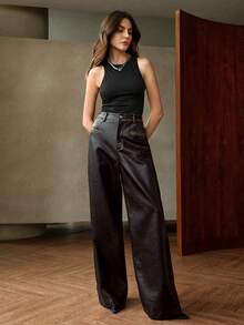 Anewsta Petite Women's Elegant & Fashionable Leather Pants, Autumn/Winter - Black - View 4