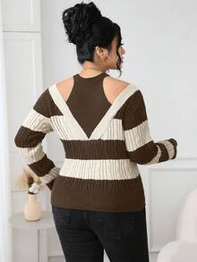 Modelyn Áo len hở vai kẻ sọc màu tương phản cỡ lớn, phong cách đường phố cho mùa thu - Lạc đà - Xem 2