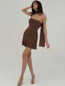 Aloruh 女士纯色修身露背迷你连衣裙 - 咖啡 - 查看 6