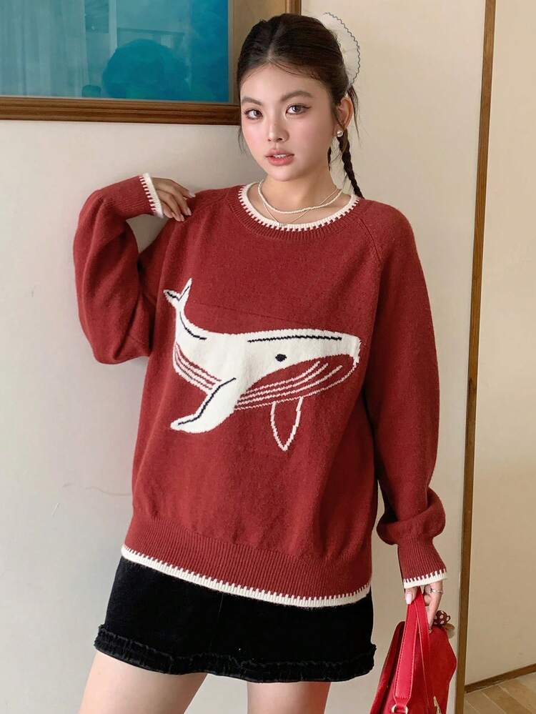 Dazy Plus Colorblock Patchwork Cute Whale Jacquard Loose Plus Size Pullover Sweater For Women, Red, Christmas & New Year