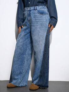 Maija 加大码蓝色牛仔裤高腰直筒裤舒适松紧腰带配色设计秋冬休闲装 - 中等水洗藍 - 查看 5