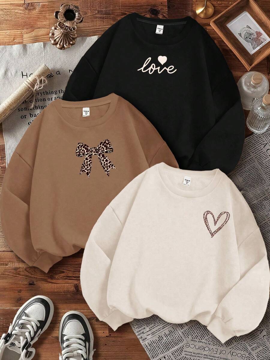 SHEIN Leap Crew 3件套复古奶油白、黑色、卡其色豹纹爱心、豹纹蝴蝶结、字母图案少女休闲宽松圆领舒适长袖卫衣,适合秋冬季穿着 - 彩色 - 查看 1