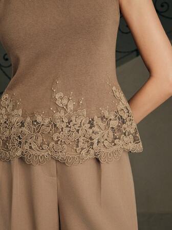 Anewsta Maglietta elegante da donna in maglia con contrasto di pizzo ricamato e design traforato