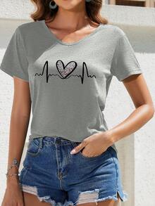 INAWLY Women's Casual V-Neck Short Sleeve Heart Pattern Versatile T-Shirt - Light Grey - View 4