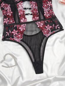 1pc Women's Sexy Lingerie Floral Embroidery Mesh Bodysuit