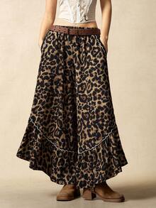 Bohemela Quần ống rộng dáng suông họa tiết da báo, chất liệu chiffon, màu nâu, kiểu dáng boho, chất liệu họa tiết da báo, dành cho nữ. - Màu nâu  Mocha - Xem 5