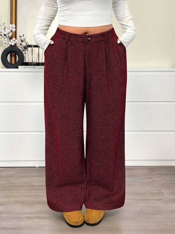SHEIN EZwear Plus Size Brown Plaid Woolen Suit Pants, Autumn/Winter Red Pants For Women Women Casual Pants Burgundy Pants Women Wide Leg Pants Autumn/Winter,Christmas,New Year,Thanksgiving,Party,Wedding,Beach,Graduati,Chic,Elegant,Casual,Going Out,Date,Appointment,Commute