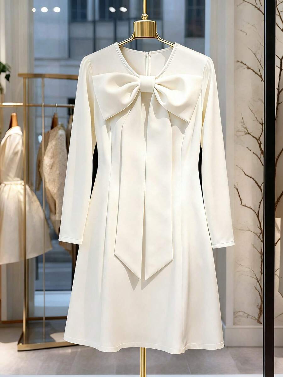 Regalyn Plus Size Elegant Casual Commuter Short Dress With Bow Zipper