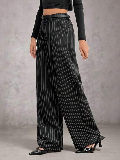SHEIN Tall Solid Color Button Closure Casual Wide Leg Pants With Belt