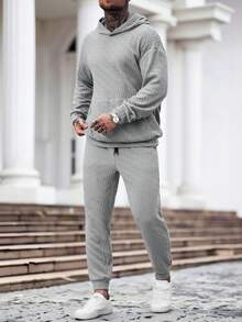 Manfinity Homme Men's Casual Hooded Sweatshirt Set With Pockets Men Co Ord Set Grey Outfit Men Men Sweatsuit Set Men Joggers Suit Knitted Two Piece Outfit Men - Coffee Brown - View 5