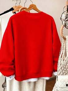 Resyla Women's Faux Pearl Bow Decor Casual Round Neck Sweatshirt, Suitable For Autumn/Winter, Daily Commute, Outdoor, Women's Gifts, Siblings Gifts, Sisters Gifts, Mom Gifts, Mother's Day Gifts - Red - View 2