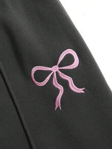 SHEIN Conjunto de 2 piezas de sudadera con cuello alto con cremallera, bordado de lazo y pantalones rectos con forro térmico para niñas preadolescentes, estilo de moda callejera casual, otoño/invierno - Gris Oscuro - Ver 5