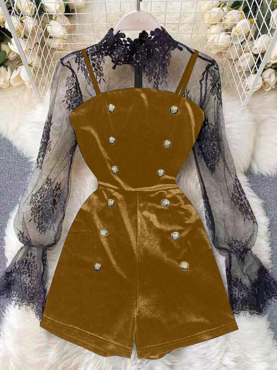 GlowEve Spring/Summer Latest Black Long Sleeve Lace Trim Elegant Fitted Design Gold Decor Button Velvet Jumpsuit, Women Winter, Christmas, New Year Outfit - Gold - View 1