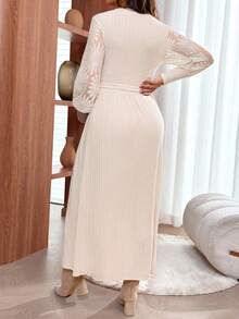 SHEIN Maternity Elegant Solid Color Round Neck Loose Dress, Autumn - Khaki - View 2