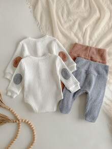 Loomiva 4pcs Newborn Baby Girl Boy Colorblock Knit Soft Crew Neck Long Sleeve Bodysuit & Elastic Waist Pants Set,White,Autumn,Basics,Holiday Twin Clothes - Multicolor - View 6