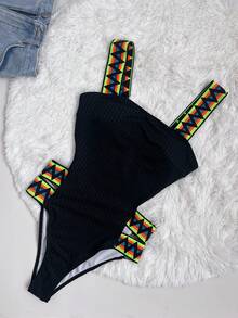 Swim Vcay Graphic Print Ribbed Cutout One-Piece Swimsuit - Black - View 4