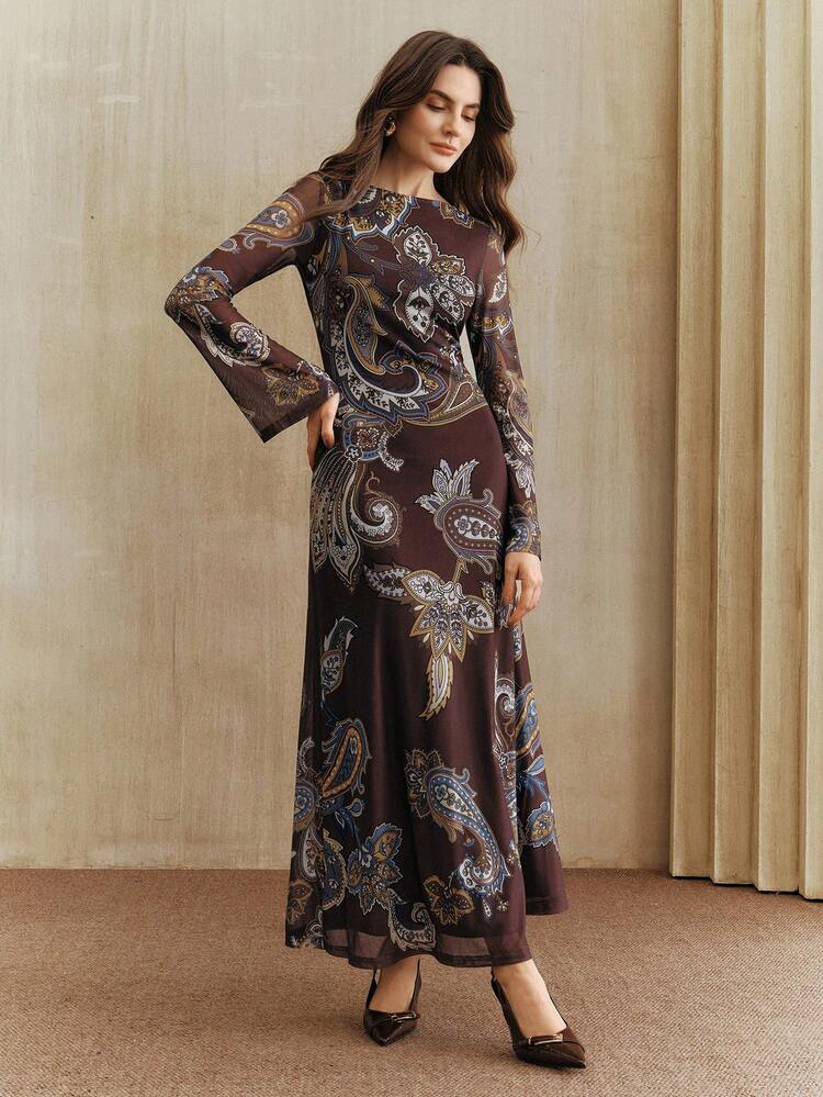 Anewsta Elegant Design Cashew Random Print Slim Fit Dress, Vacation Outfits For Women, From Spring To Summer - Multicolor - View 4