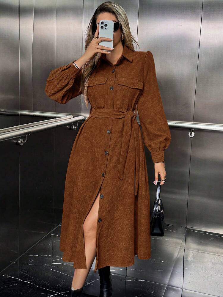 Airlisse Vestido Casual Feminino de Cor Sólida com Botões na Frente e Manga Farol, Outono - Café - Visão 4