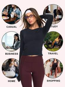 Eassivo Eassivo 女式纯色圆领长袖休闲健身运动T恤 - 黑色 - 查看 4