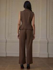 Aveloria Modichic 2pcs Set Women's Fashionable Collar Sleeveless High Waist Straight Leg Pants - Brown - View 3