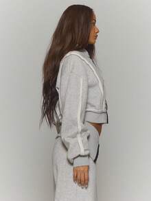 MUSERA 露缝拉链短款连帽卫衣，冬季街头风，酷炫夜店日常性感休闲款 - 深灰色 - 查看 3