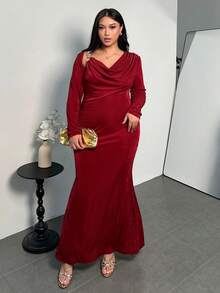SHEIN Privé Plus Size Solid Color Draped Metal Ring Decor Elegant Long Sleeve Dress Red, New Year Dress For Women - Burgundy - View 7