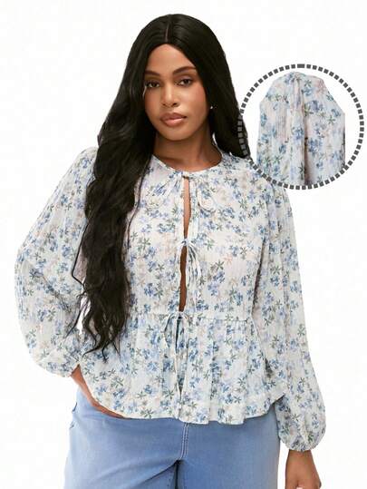 Solavibe Plus Size Women Random Print Tie Front Long Sleeve Top,Women's Vacation Floral Print Ruffle Long Sleeve Round Neck Blouse,Women's Retro V-Neck Lace-Up Sleeve Hem Top, Fall & Winter Women Clothes, Halloween Customs Women, Concert Thanksgiving, Christmas Women Clothes, Long Sleeve Thanksgiving Women, Christmas Top, Winter Women Top